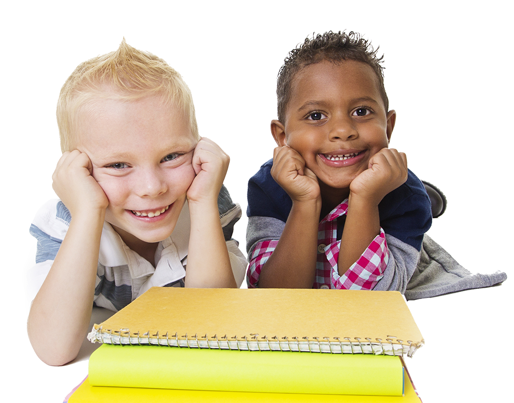 Two diverse little school children with their books. Two cute, diverse little school boys isolated on white background. Smiling by their books. Isolated on white